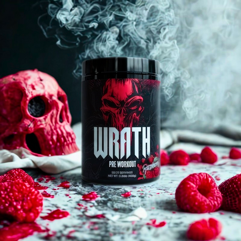 Pre-workout supplement container labeled 'Wrath' with raspberries and a skull in the background