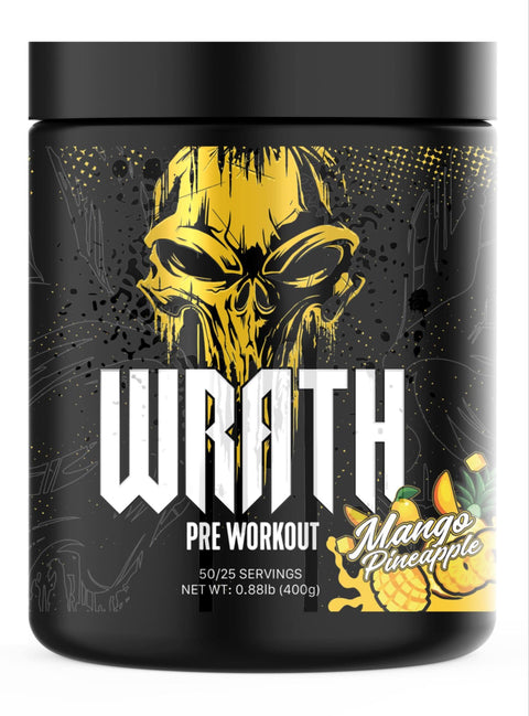 Pre-workout supplement container with 'Wrath' branding and mango pineapple flavor on a black background.