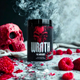 Pre-workout supplement container labeled 'Wrath' with raspberries and a skull in the background