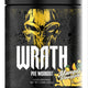 Pre-workout supplement container with 'Wrath' branding and mango pineapple flavor on a black background.