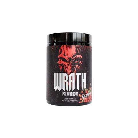Pre-workout supplement container with 'Wrath' branding on a white background